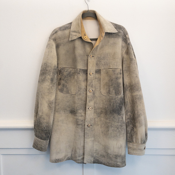 Overland Distressed Leather Shirt Jacket Tan Gray Size 36R Made in USA - Picture 1 of 5